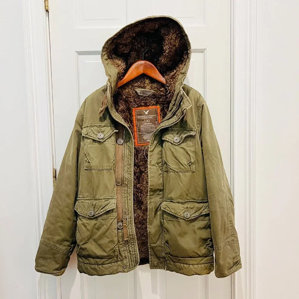 Y2K Green American Eagle Military Parka Winter Coat Mens Small Heavyweight Lined - Picture 10 of 16
